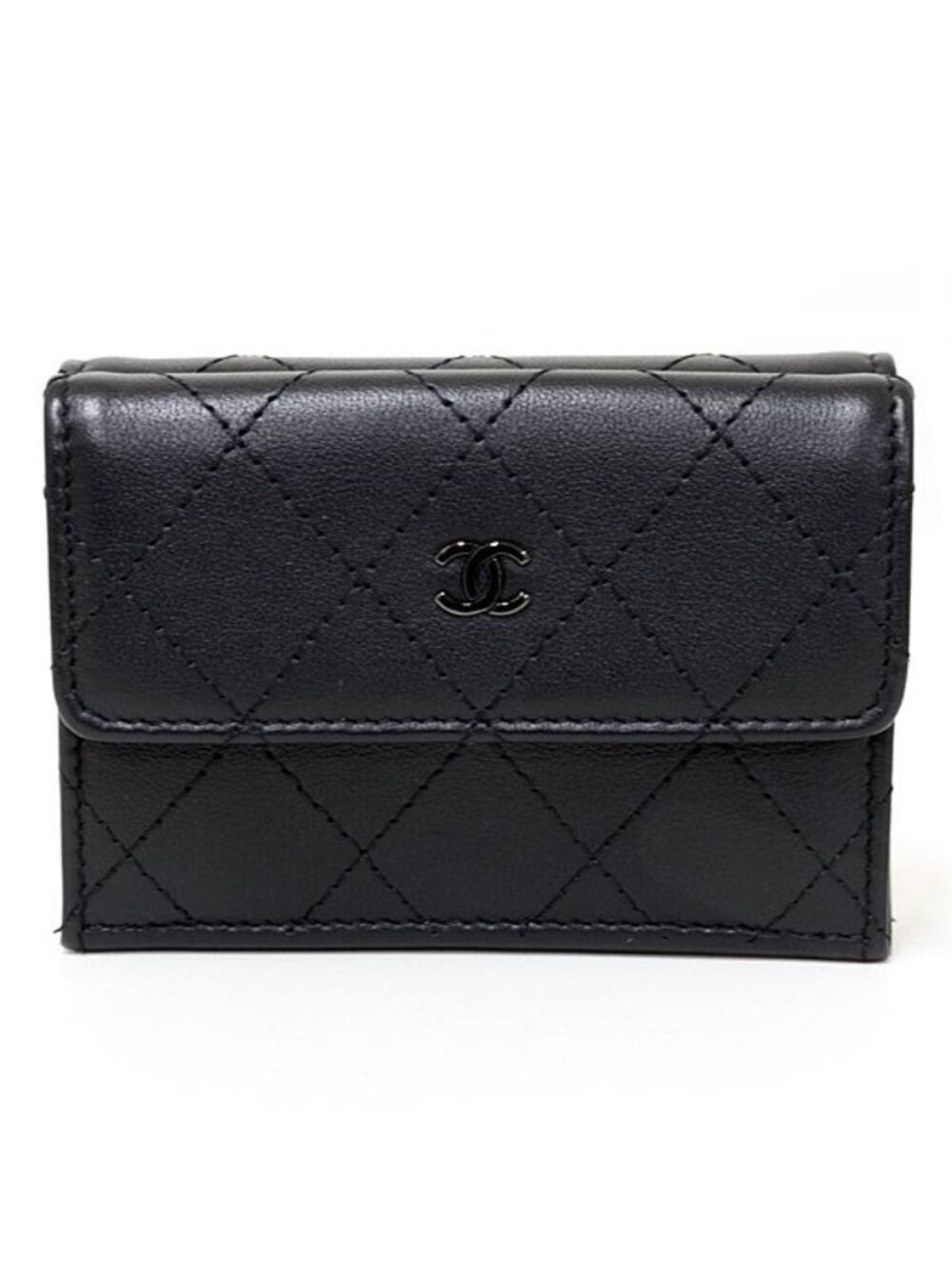 Chanel Compact Wallet Trifold Quilted Leather Black &silver
